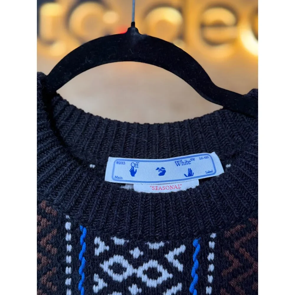 Off-White OW Baja Chunky Knit Crewneck Sweater Men’s XL Brown Black NWT